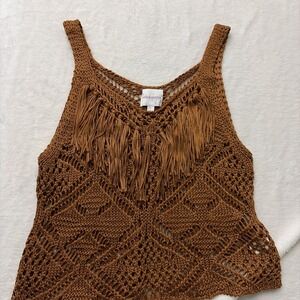 Boho Honey & Sparkle Crocheted Tank Womens Size Large Brown Sleeveless Pullover